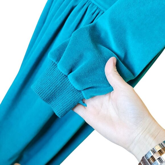 80s Womens Medium Dropwaist Velour Dress Mockneck Teal Turquoise‎ Blue Green - Picture 4 of 9